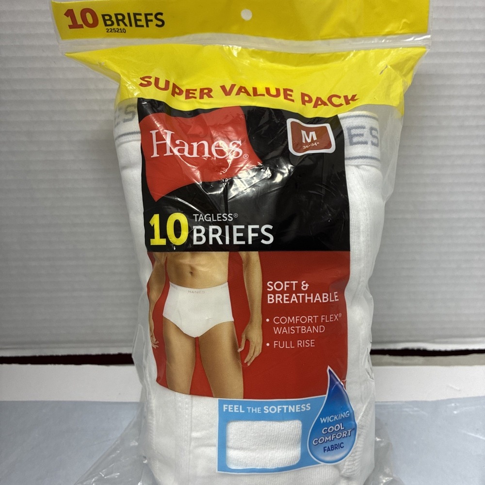 Hanes Men's Tagless Cotton Briefs 10 Pack Size M 32-34" White Moisture Wicking